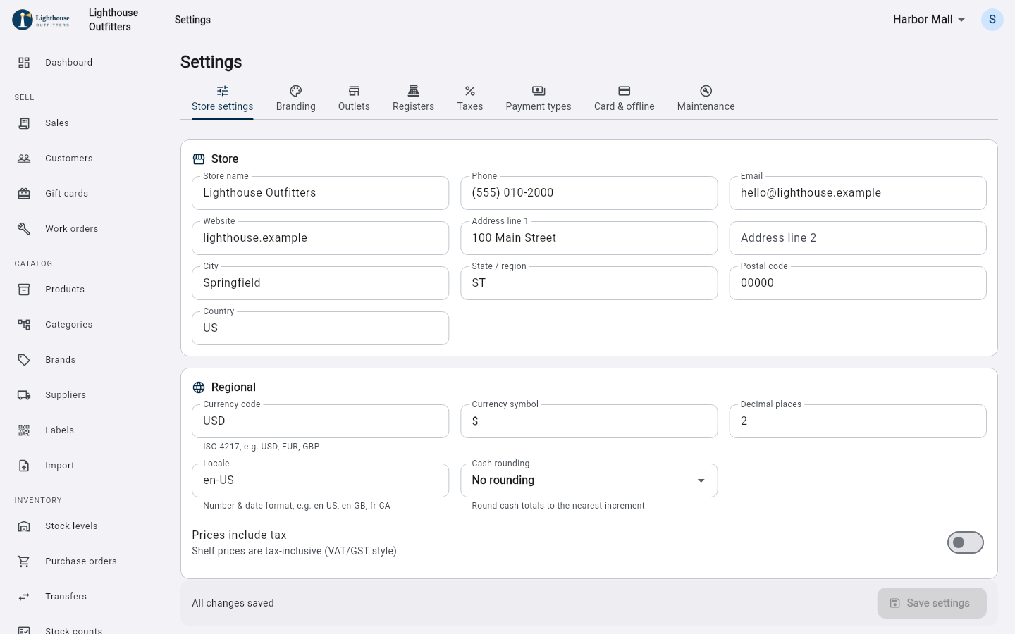 Settings: Store settings