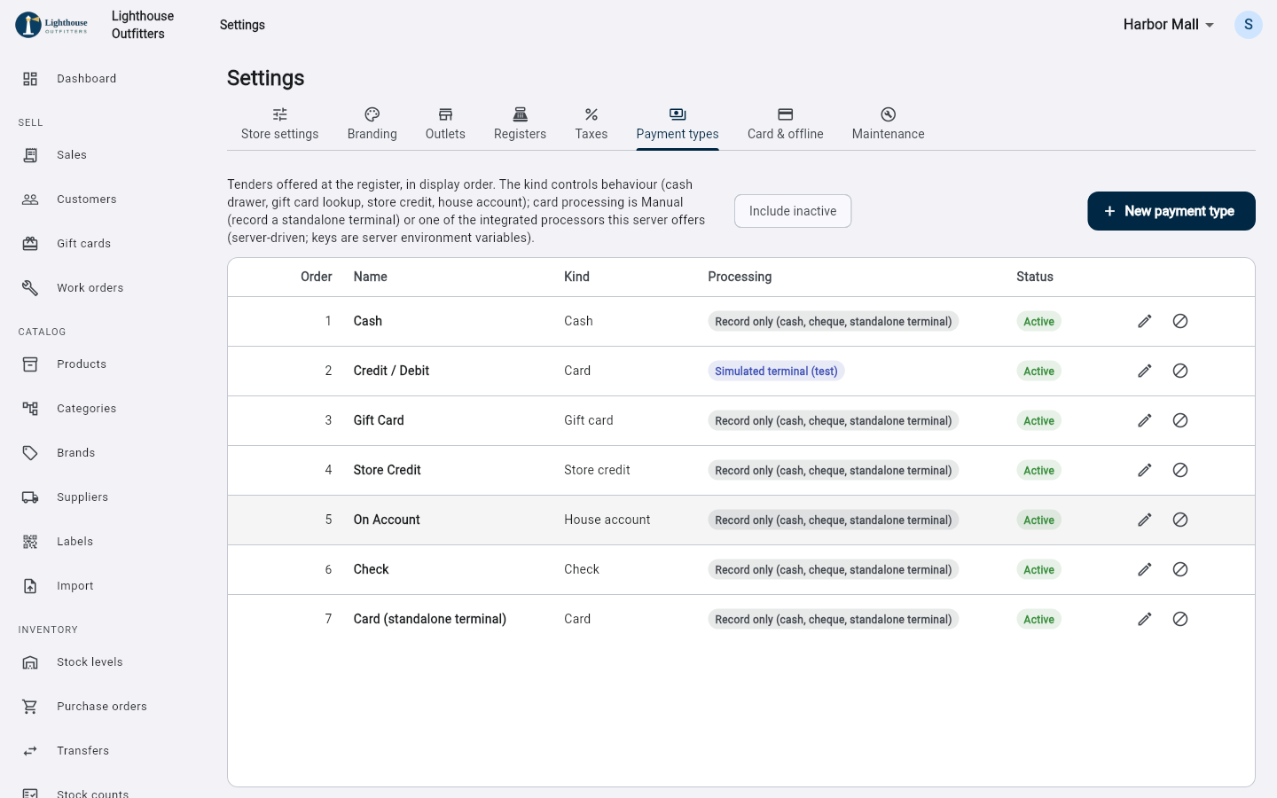Settings: Payment types